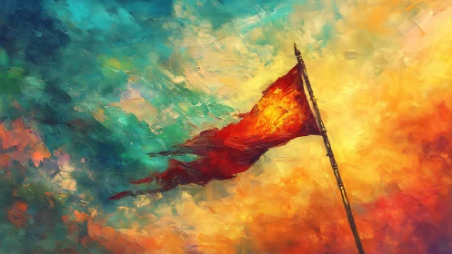 Crimson battle flag cuts through blazing abstract sky.