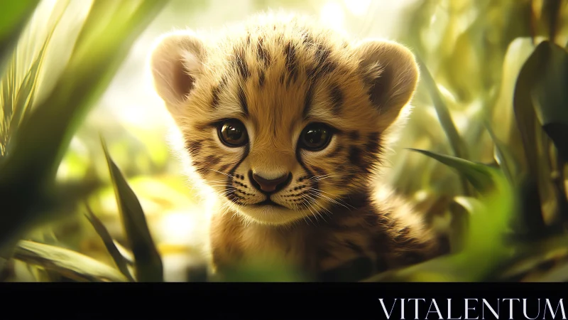 Young cheetah cub in soft light among tall green grass.