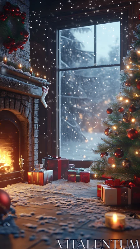 Snowy Christmas living room with tree and fireplace.