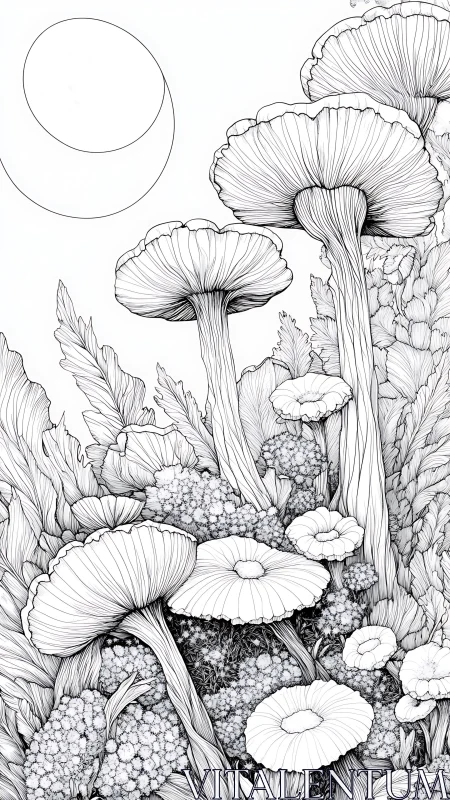 Moonlit mushroom grove in intricate botanical linework.