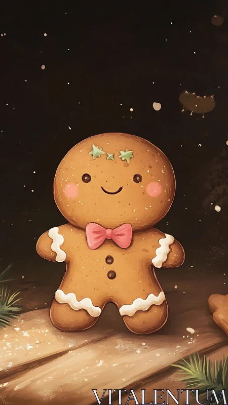 Whimsical gingerbread cookie with stars and pink bow tie.