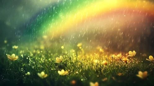 Golden meadow glows gently beneath a soft spring rainbow