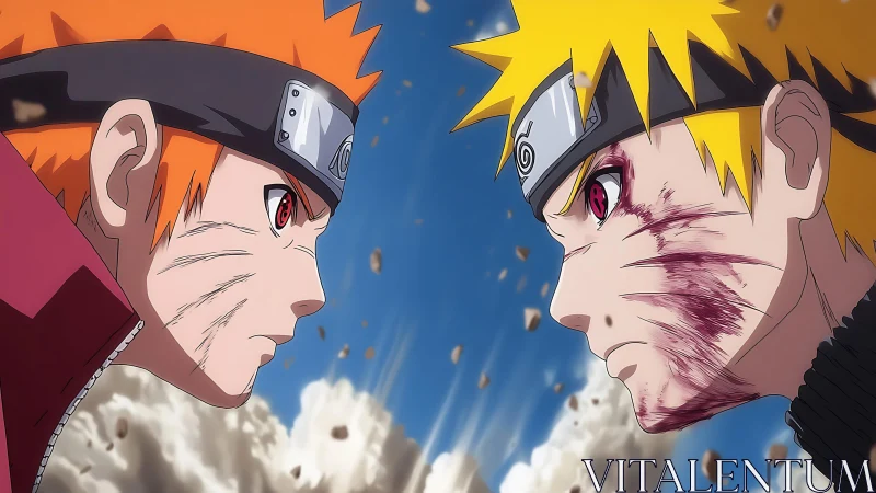 Intense anime duel under shattered sky in close-up profile.