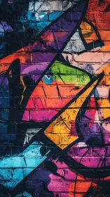 Vivid geometric graffiti ignites a textured urban brick wall