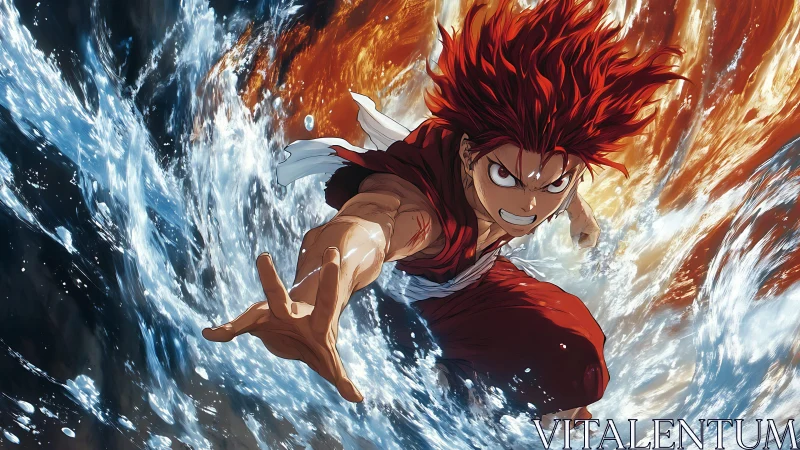 Fire-haired warrior slashes through dueling tides of flame