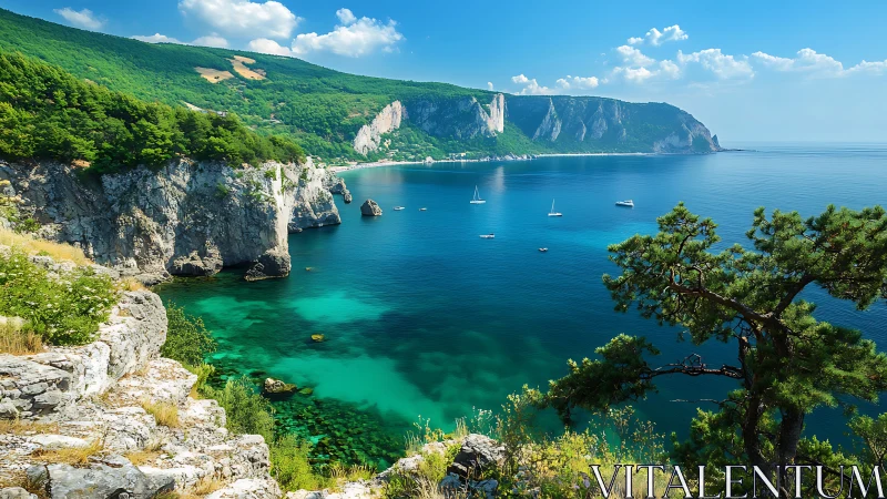 Rocky turquoise coastline with sailboats under clear sky.