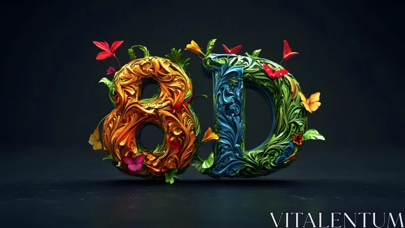 Vivid 8D Typography with Swirling Nature Motifs and Butterflies.