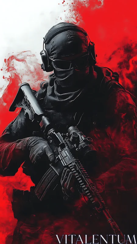 Masked special ops soldier emerges through red battle smoke