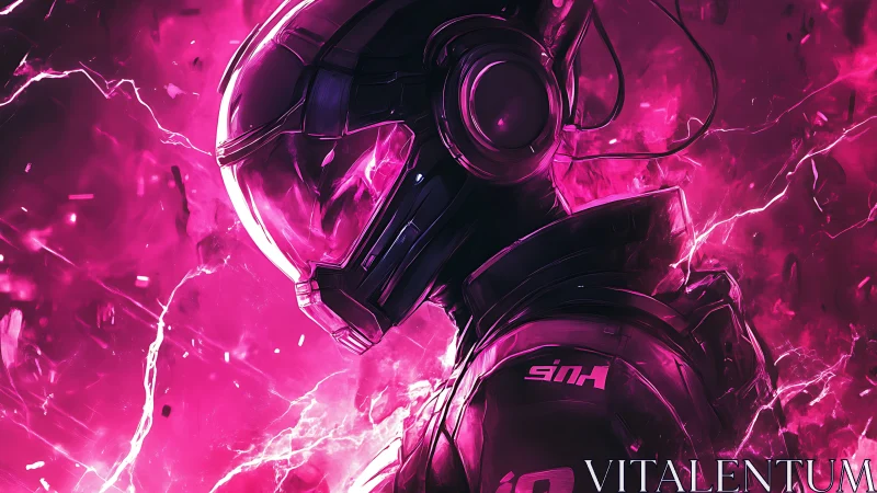 Neon pink sci fi soldier in helmet amid electric storm.