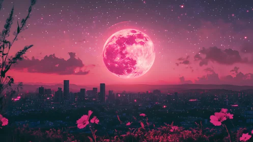 Hyper-saturated magenta moonrise dominates stylized nocturnal skyline