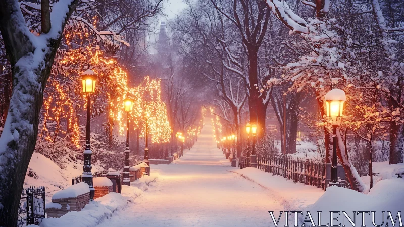 Snow-covered park pathway with illuminated street lamps.