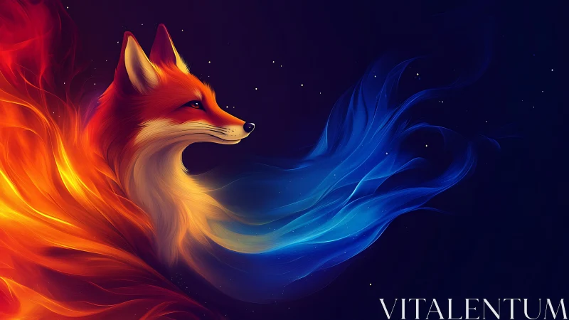 Elemental fox spirit in flowing fire and ice plumes.