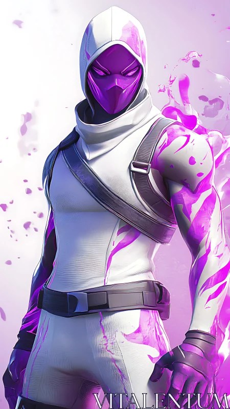 Mask hooded cyber ninja stands in violet energy aura