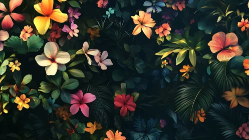 Chromatic tropical flora field under controlled chiaroscuro lighting.
