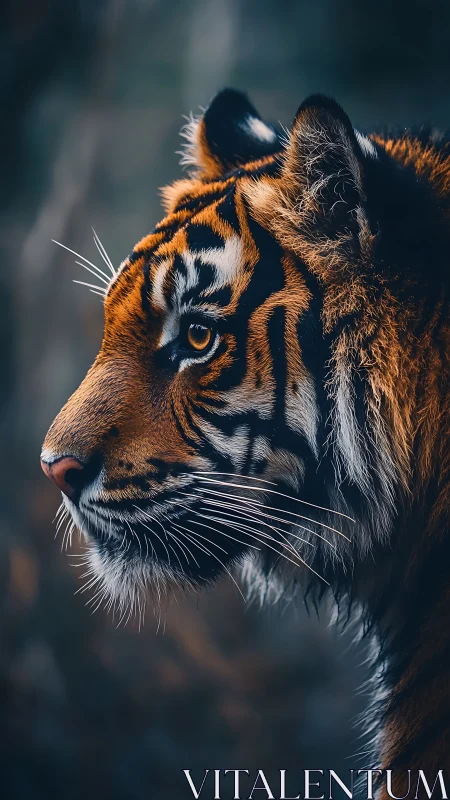 Photorealistic tiger profile with shallow depth-of-field focus.