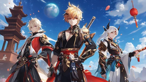Three armored anime warriors under bright blue sky.