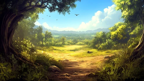 Forest Valley Landscape with Mountain Vista and Wildlife.