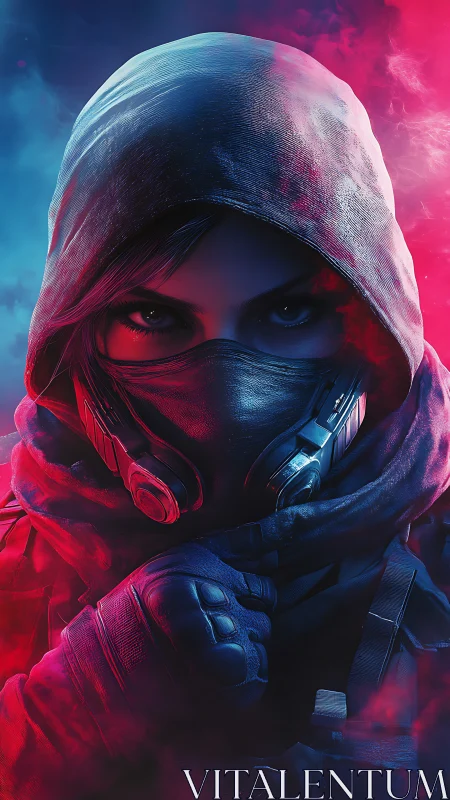 Neon hooded ghost operative in frozen crimson standoff.