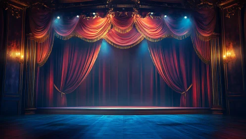 Grand velvet theater stage glows under dramatic lights.