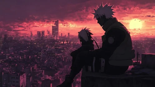 Sunset city vigil with two anime figures in silhouette.