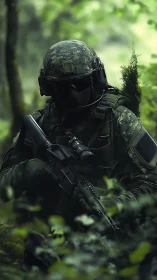 Shadowed forest sniper cloaked in digital jungle camouflage.