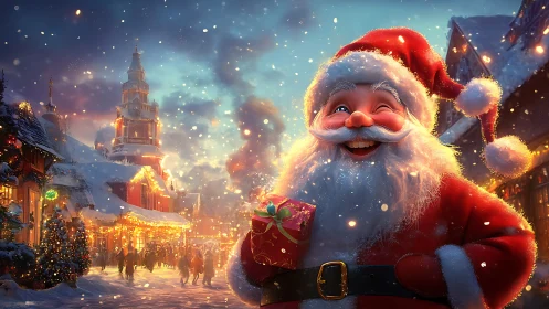 Digital painting of Santa in luminous festive town square.