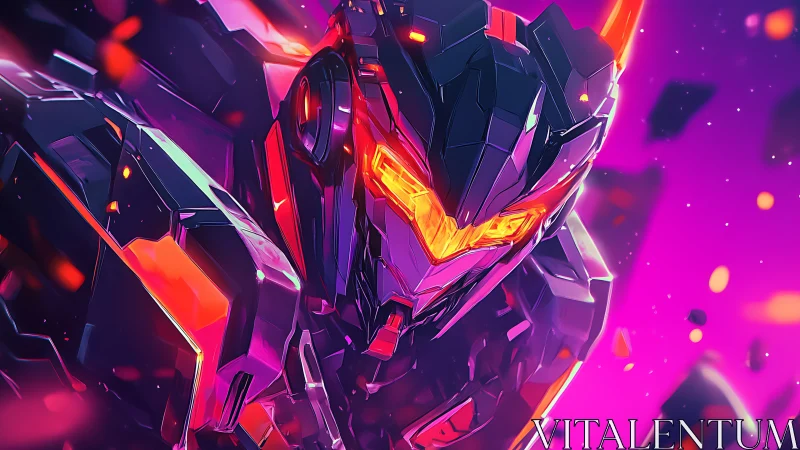 Cyberpunk mech warrior with neon visor in purple blaze.