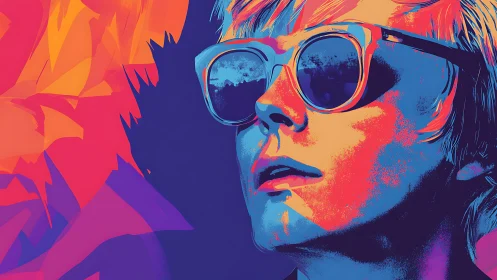 Neon portrait of sunglasses wearer in bold duotone pop palette.