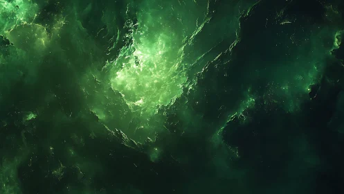 Vivid Green Nebula in Deep Space Digital Art with Ethereal Glow.