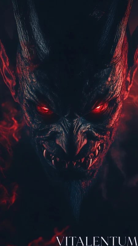 Horned demonic figure with glowing red eyes in darkness.
