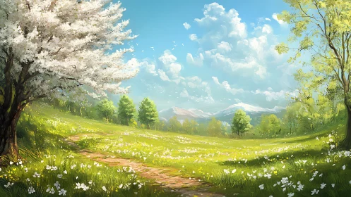 Digital painting landscape with blossom tree and winding path.