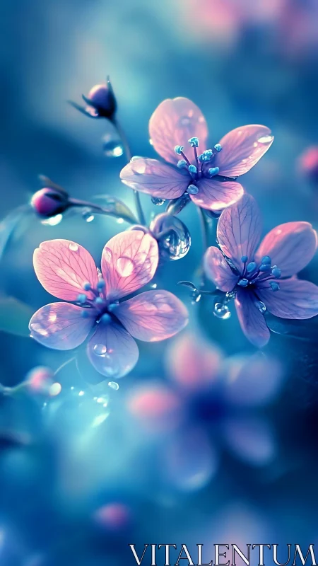 Delicate Pink Flowers with Dewdrops in Blue Light.