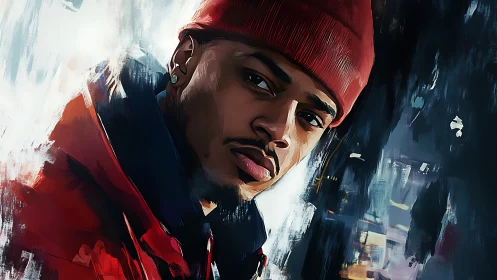 Urban portrait painting with red beanie and jacket focus.