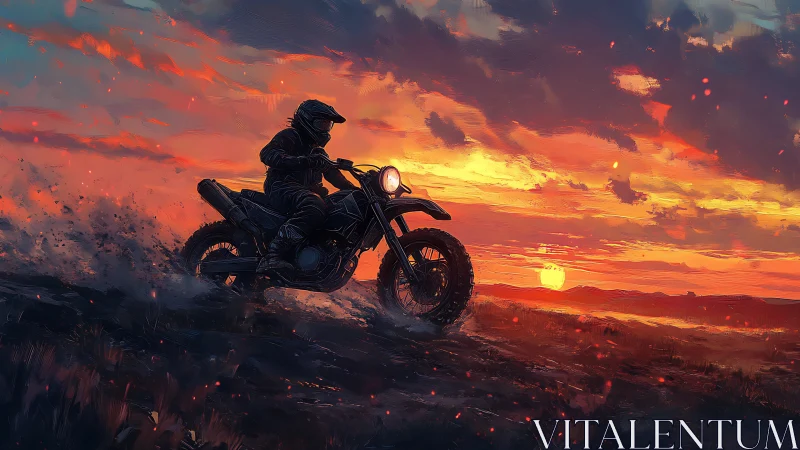 Motocross rider silhouettes against a high-saturation sunset sky