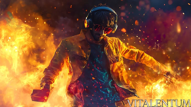 Fiery DJ Immersed in Blazing Music Energy.