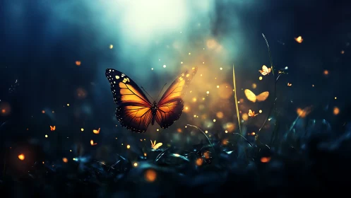 Enchanting Monarch Butterfly in Dreamy Night Forest Scene.