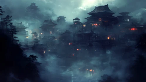 Nocturnal mountain temple city in dense luminous fog