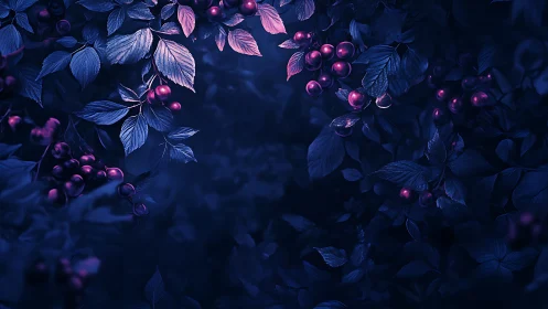 Nocturnal foliage with clustered berries in blue light.