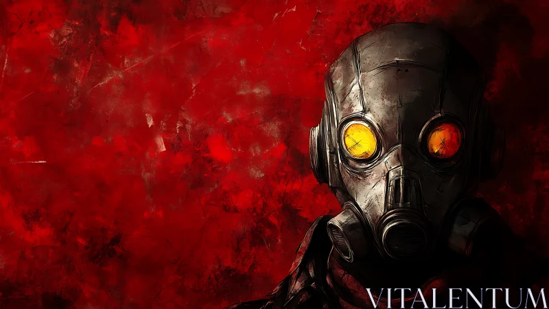 Gritty masked wanderer stands against a burning red storm