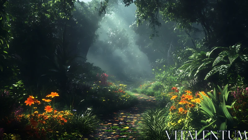 Misty Forest Path with Blooming Orange Flowers