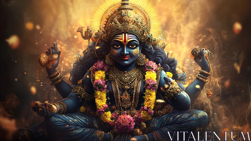 Blue multi-armed Hindu deity in ornate golden adornment.