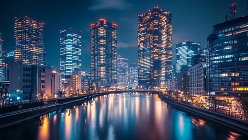 Night city skyline with tall offices along calm river.