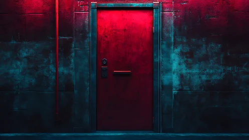 Neon red security door glows in a moody industrial alleyway.