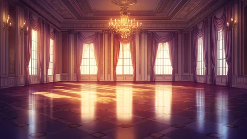 Digital painting of neoclassical sunlit ballroom interior.