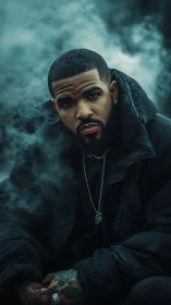 Man in dark outerwear seated in dense atmospheric smoke.