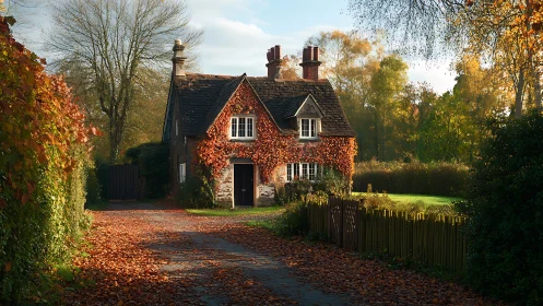 Ivy-wrapped country cottage amid glowing autumn foliage.