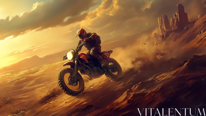 Sunlit desert rider carving tracks through glowing dust.