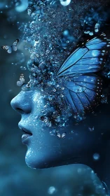 Blue butterfly visage dissolving into crystalline droplets.