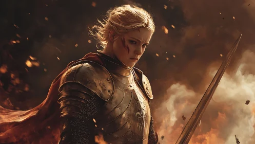 Armored warrior stands amid smoke and airborne embers