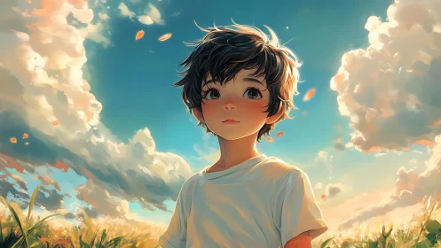 Dreamy summer sky boy standing in a glowing golden field.